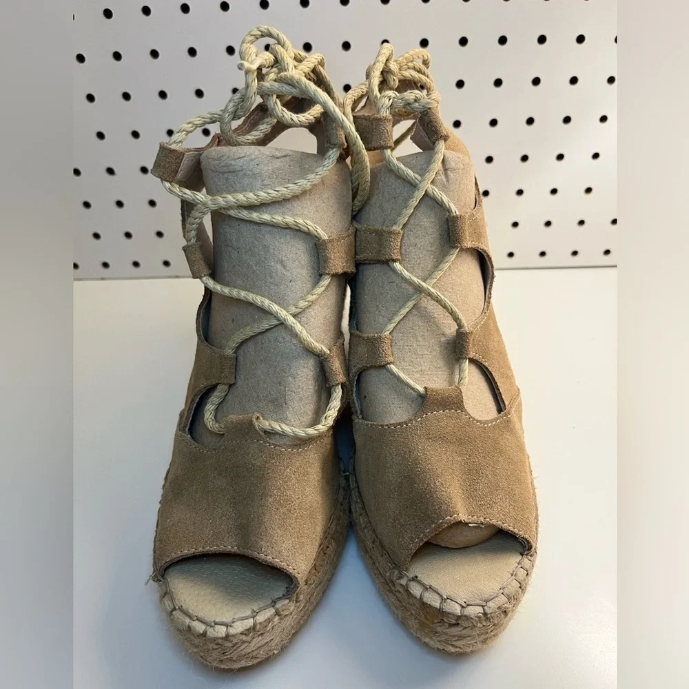 Fabiolas Tan Lace Up Cut Out Wedge Leather Espadrille Sandals